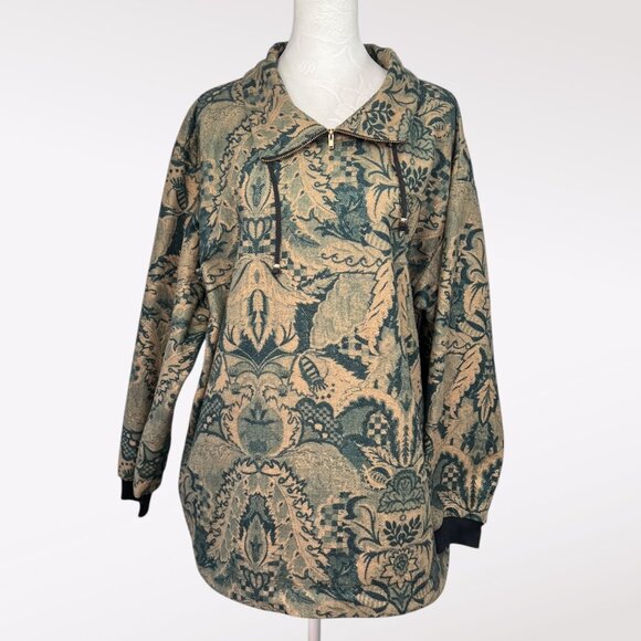 Vintage Teddi Tapestry Mock Neck Pullover 90s Green Beige Sweater Large - Picture 1 of 10